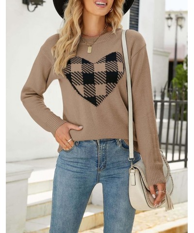 Women's Pullover Sweaters Long Sleeve Crewneck Front Ribbed Knitted Cute Heart Sweater 8176 Camel $16.77 Sweaters