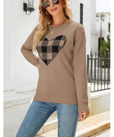 Women's Pullover Sweaters Long Sleeve Crewneck Front Ribbed Knitted Cute Heart Sweater 8176 Camel $16.77 Sweaters