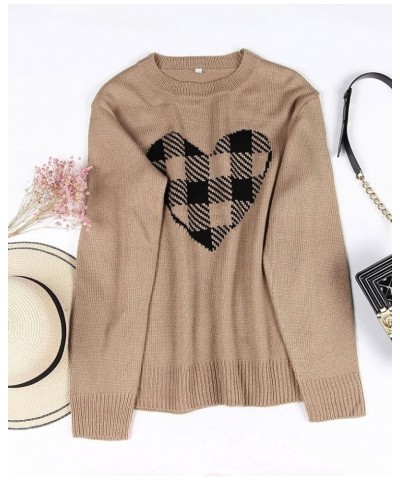 Women's Pullover Sweaters Long Sleeve Crewneck Front Ribbed Knitted Cute Heart Sweater 8176 Camel $16.77 Sweaters