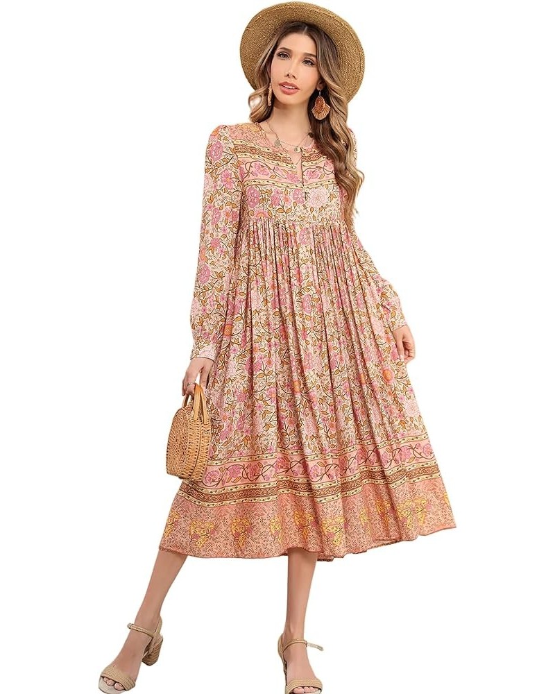 Women's Long Sleeve Boho Floral Print Dress Crew Neck Button Down Casual Loose Slit Flowy Midi Dress with Belt Tan $19.27 Dre...