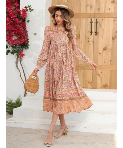 Women's Long Sleeve Boho Floral Print Dress Crew Neck Button Down Casual Loose Slit Flowy Midi Dress with Belt Tan $19.27 Dre...