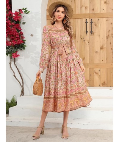 Women's Long Sleeve Boho Floral Print Dress Crew Neck Button Down Casual Loose Slit Flowy Midi Dress with Belt Tan $19.27 Dre...