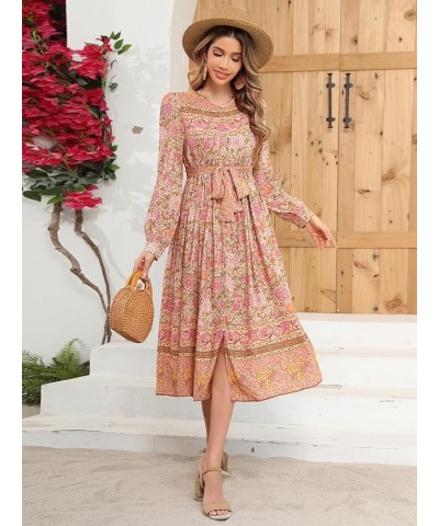 Women's Long Sleeve Boho Floral Print Dress Crew Neck Button Down Casual Loose Slit Flowy Midi Dress with Belt Tan $19.27 Dre...