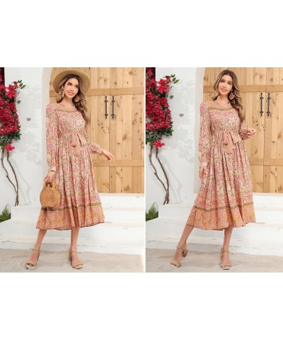 Women's Long Sleeve Boho Floral Print Dress Crew Neck Button Down Casual Loose Slit Flowy Midi Dress with Belt Tan $19.27 Dre...