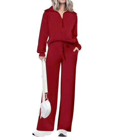 Women's 2 Piece Outfits Casual Lapel Half Zip Sweatshirts And Wide Leg Pants Tracksuit Sets Wine Red $34.09 Activewear