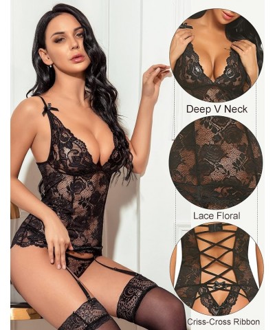 Women’s Lace Babydoll with Garter Mini Teddy Bodysuit Sexy Lingerie Backless Chemise (No Stocking) A-black $14.52 Baby Dolls