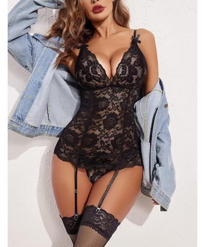 Women’s Lace Babydoll with Garter Mini Teddy Bodysuit Sexy Lingerie Backless Chemise (No Stocking) A-black $14.52 Baby Dolls