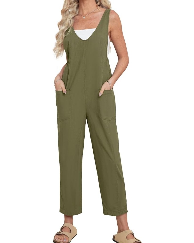 Women 's Casual Linen Summer Jumpsuit Overalls Loose Adjustable Strap Baggy One Piece Outfits Jumpers With Pocket Army Green ...