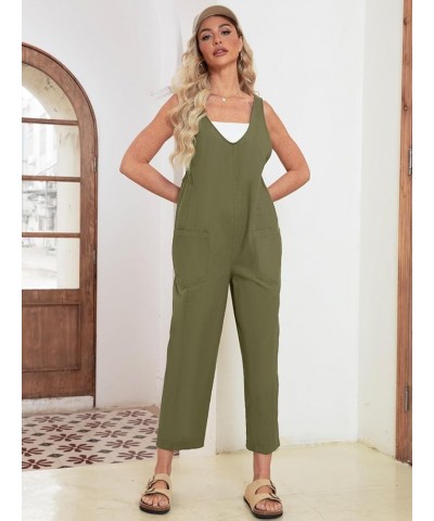 Women 's Casual Linen Summer Jumpsuit Overalls Loose Adjustable Strap Baggy One Piece Outfits Jumpers With Pocket Army Green ...