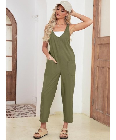 Women 's Casual Linen Summer Jumpsuit Overalls Loose Adjustable Strap Baggy One Piece Outfits Jumpers With Pocket Army Green ...