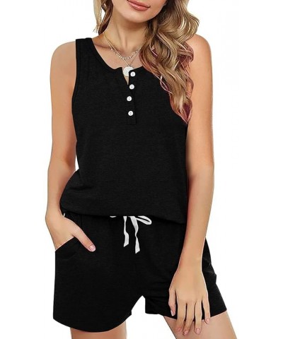 Two Piece Outfits for Women Button Henley Tank Short Set with Pockets 01-black $10.50 Sleep & Lounge