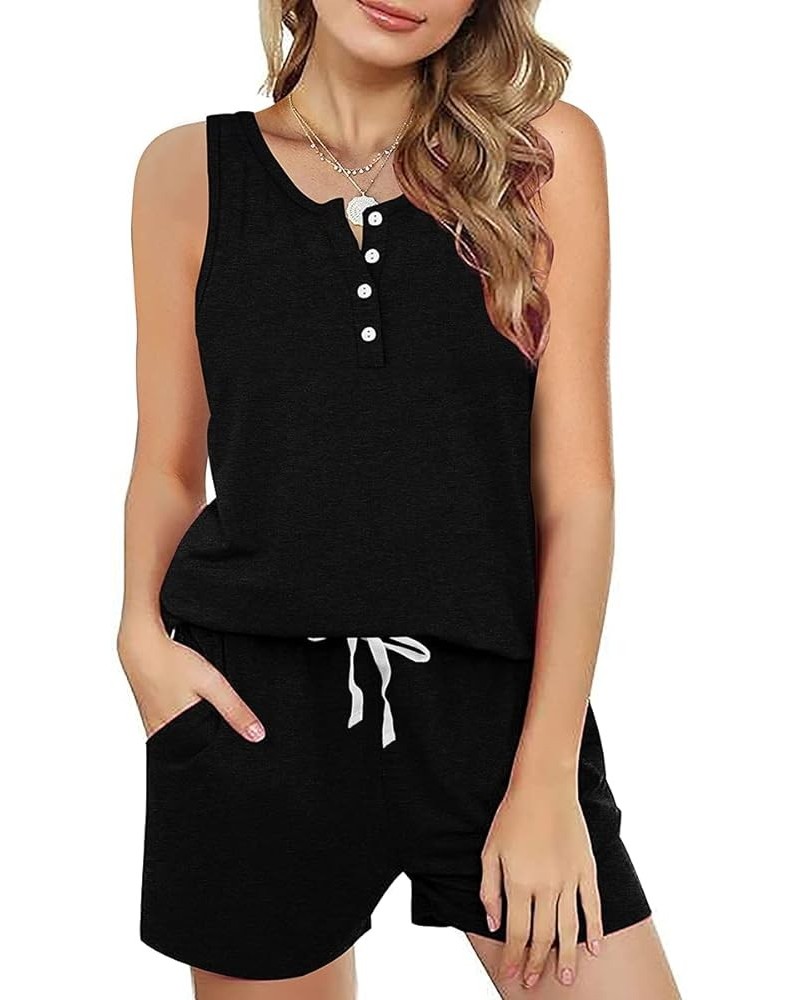 Two Piece Outfits for Women Button Henley Tank Short Set with Pockets 01-black $10.50 Sleep & Lounge