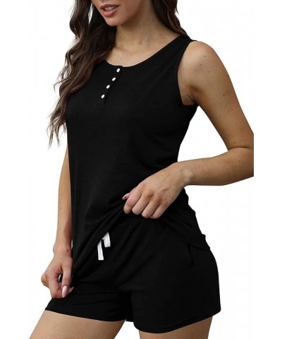 Two Piece Outfits for Women Button Henley Tank Short Set with Pockets 01-black $10.50 Sleep & Lounge