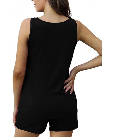 Two Piece Outfits for Women Button Henley Tank Short Set with Pockets 01-black $10.50 Sleep & Lounge