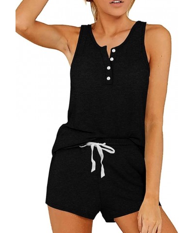 Two Piece Outfits for Women Button Henley Tank Short Set with Pockets 01-black $10.50 Sleep & Lounge