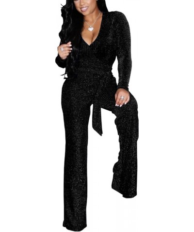 Women's Sexy Sparkly Jumpsuits Clubwear Long Sleeve Elegant Party Rompers High Waisted Wide Leg Pants 085black $23.77 Jumpsuits