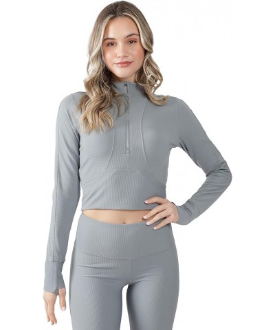 Womens Interlink Ribbed Half Zip Long Sleeve Crop Top Jacket Ocean Haze $10.62 Jackets