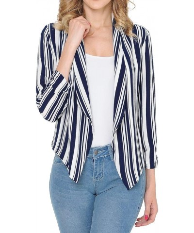 Womens Floral Casual Lightweight 3/4 Sleeve Fitted Open Blazer Navy White Stripe $16.51 Blazers