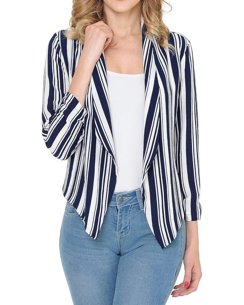 Womens Floral Casual Lightweight 3/4 Sleeve Fitted Open Blazer Navy White Stripe $16.51 Blazers