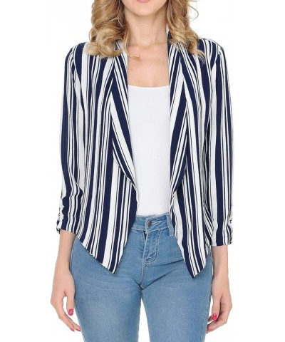 Womens Floral Casual Lightweight 3/4 Sleeve Fitted Open Blazer Navy White Stripe $16.51 Blazers