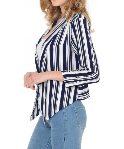 Womens Floral Casual Lightweight 3/4 Sleeve Fitted Open Blazer Navy White Stripe $16.51 Blazers