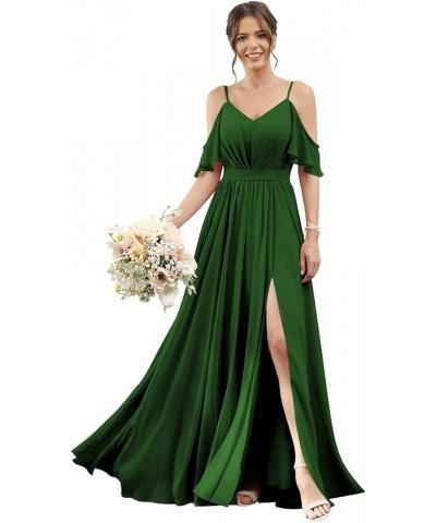 Women's Cold Shoulder Ruffle Sleeves Bridesmaid Dresses for Women 2023 Pleated Chiffon Formal Dresses with Slit Emerald Green...