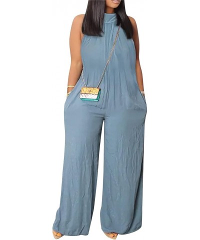 Women's Jumpsuits Casual Summer Beach Sleeveless Solid Color Casual Fashion Wide Leg Jumpsuit Cute Outfits Blue $11.87 Jumpsuits