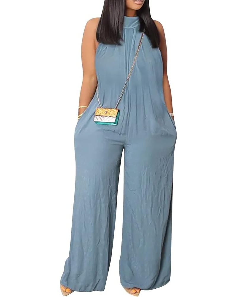 Women's Jumpsuits Casual Summer Beach Sleeveless Solid Color Casual Fashion Wide Leg Jumpsuit Cute Outfits Blue $11.87 Jumpsuits