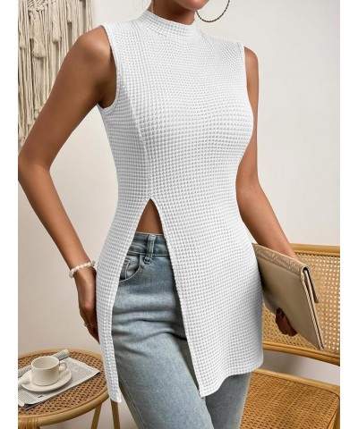 Women's Casual Sleeveless Mock Neck Split Hem Tank Top White $14.83 Tanks