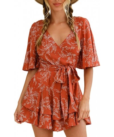 Women's Romper Floral Print V Neck Baggy Sleeve Waist Tie Layered Ruffle Hem Short Casual Summer Rompers Jumpsuits Red $13.90...