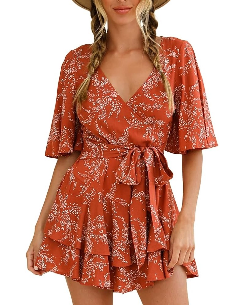 Women's Romper Floral Print V Neck Baggy Sleeve Waist Tie Layered Ruffle Hem Short Casual Summer Rompers Jumpsuits Red $13.90...