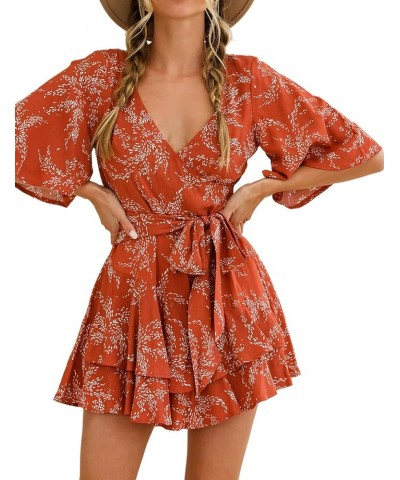 Women's Romper Floral Print V Neck Baggy Sleeve Waist Tie Layered Ruffle Hem Short Casual Summer Rompers Jumpsuits Red $13.90...