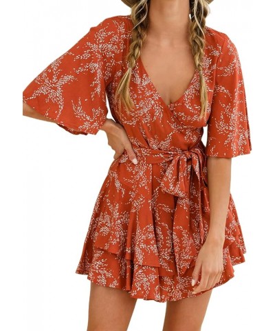 Women's Romper Floral Print V Neck Baggy Sleeve Waist Tie Layered Ruffle Hem Short Casual Summer Rompers Jumpsuits Red $13.90...