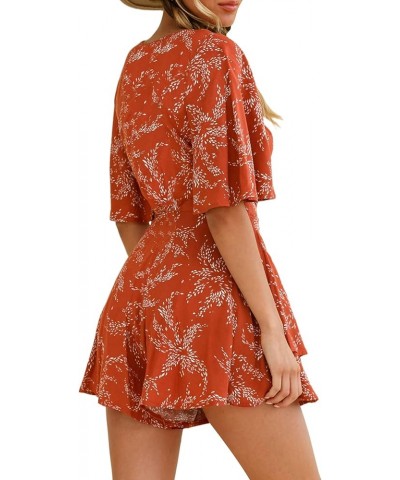 Women's Romper Floral Print V Neck Baggy Sleeve Waist Tie Layered Ruffle Hem Short Casual Summer Rompers Jumpsuits Red $13.90...