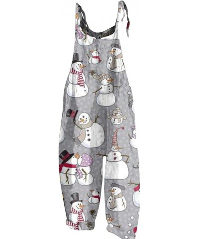 Christmas Jumpsuit for Women Vintage Plus Size Rompers Overalls Xmas Snowman Printed One Piece Cotton Linen Jumpsuits 05-gray...