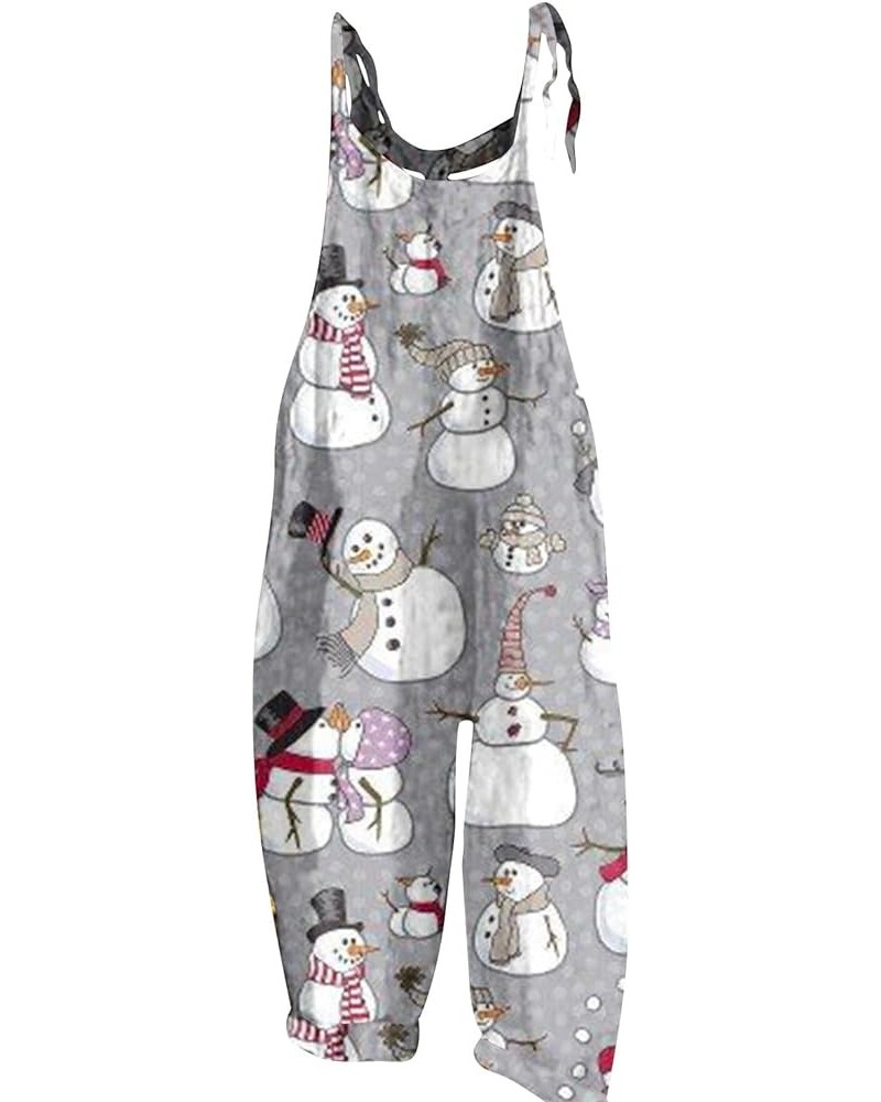 Christmas Jumpsuit for Women Vintage Plus Size Rompers Overalls Xmas Snowman Printed One Piece Cotton Linen Jumpsuits 05-gray...