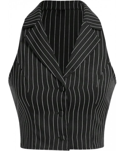 Women's Button Front Sleeveless Striped Lapel Collar Crop Vest Blazer Jacket Black and White $13.23 Vests