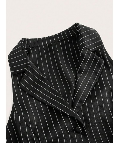 Women's Button Front Sleeveless Striped Lapel Collar Crop Vest Blazer Jacket Black and White $13.23 Vests