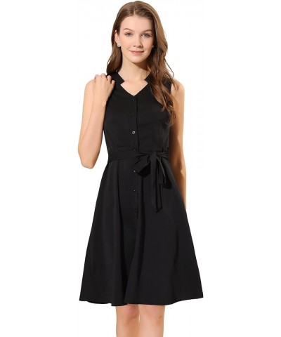 Women's Sleeveless Shirtdress with Belted V Neck Office Button Down Dress Black $19.71 Dresses