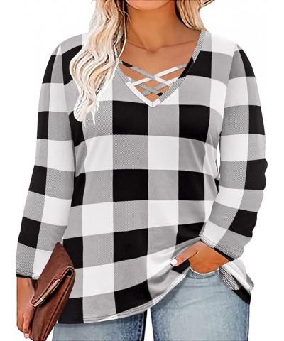 Plus Size Tops for Women Criss Cross Long Sleeve Shirts V Neck Tunics Casual Fall T Shirt Loose Fits Blouses XL-5XL 3-plaid B...