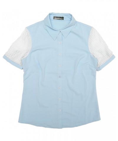 Button Down Shirt for Women's Sheer Short Sleeve Point Collar Work Tops Light Blue $12.25 Blouses