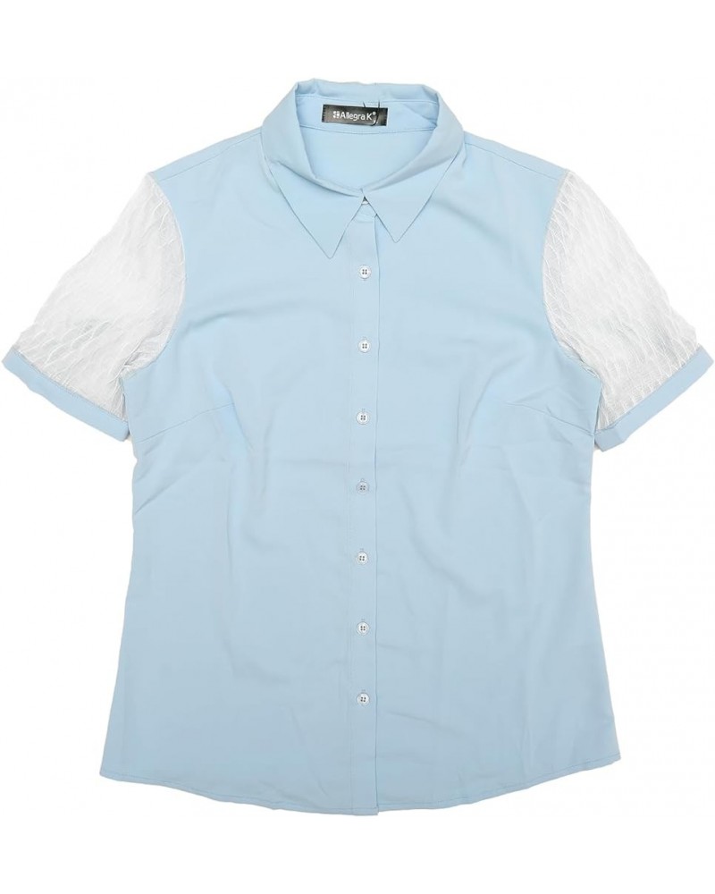 Button Down Shirt for Women's Sheer Short Sleeve Point Collar Work Tops Light Blue $12.25 Blouses