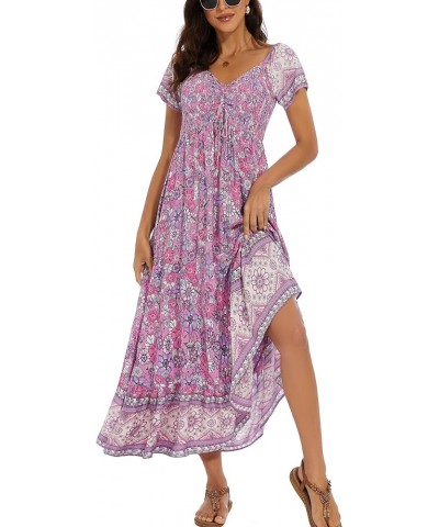 Women's Summer Casual Short Sleeve V Neck Smocked Elastic Waist Tiered Boho Floral Flowy Maxi Dress Floral-purple $10.24 Dresses