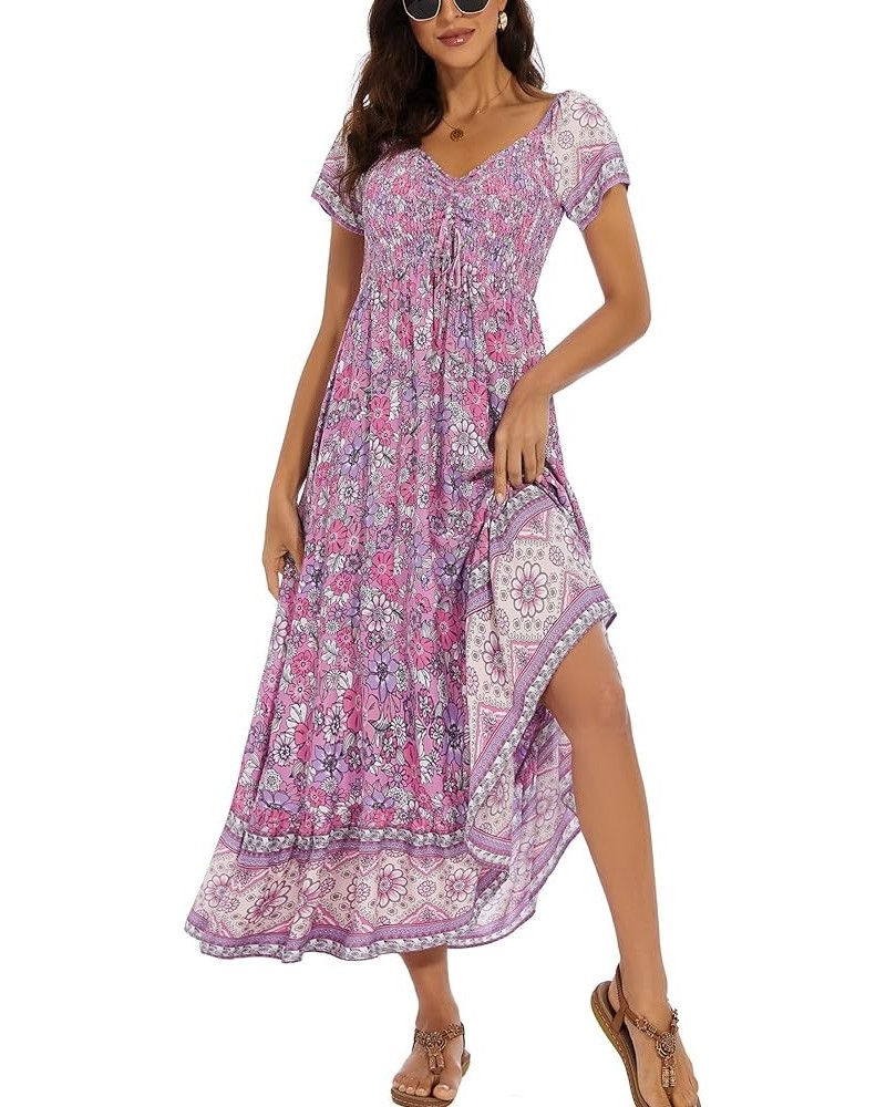 Women's Summer Casual Short Sleeve V Neck Smocked Elastic Waist Tiered Boho Floral Flowy Maxi Dress Floral-purple $10.24 Dresses