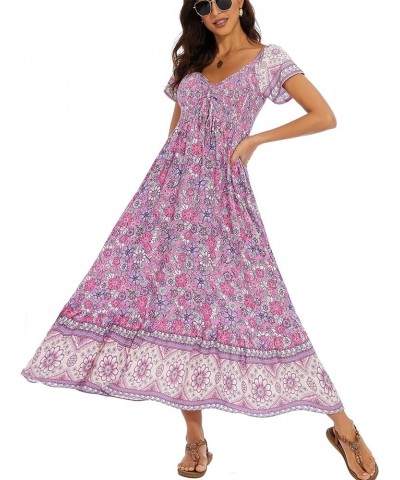 Women's Summer Casual Short Sleeve V Neck Smocked Elastic Waist Tiered Boho Floral Flowy Maxi Dress Floral-purple $10.24 Dresses