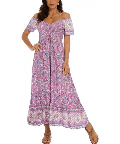 Women's Summer Casual Short Sleeve V Neck Smocked Elastic Waist Tiered Boho Floral Flowy Maxi Dress Floral-purple $10.24 Dresses