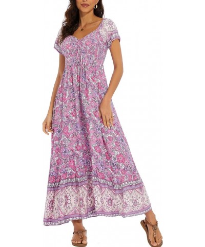 Women's Summer Casual Short Sleeve V Neck Smocked Elastic Waist Tiered Boho Floral Flowy Maxi Dress Floral-purple $10.24 Dresses