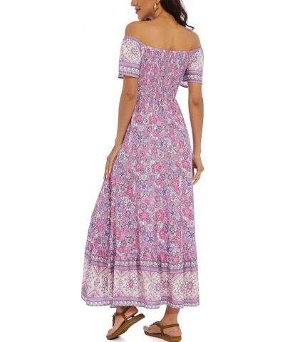 Women's Summer Casual Short Sleeve V Neck Smocked Elastic Waist Tiered Boho Floral Flowy Maxi Dress Floral-purple $10.24 Dresses