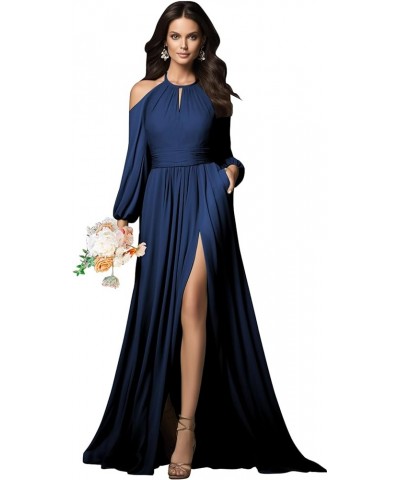 Halter Long Sleeve Bridesmaid Dresses with Slit Pockets Cold Shoulder Pleated Chiffon Formal Prom Dress Evening Gown Navy Blu...