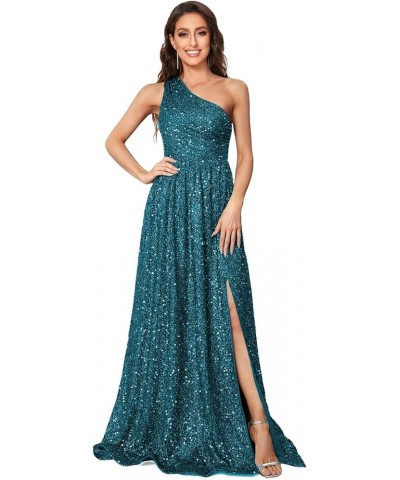 Sparkly One Shoulder Sequin Prom Dresses for Women Side Slit A Line Long Formal Evening Cocktail Gowns for Teens PU005 Teal B...